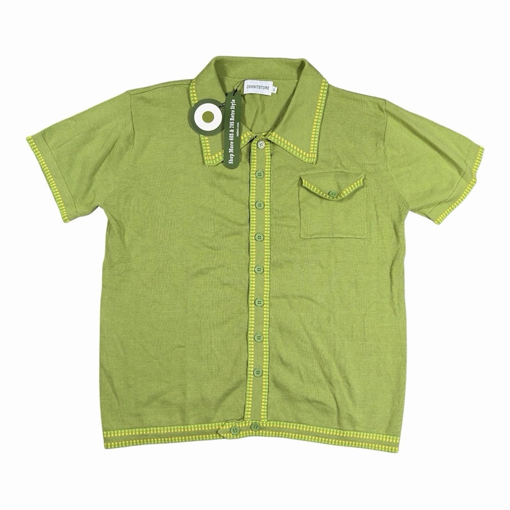 Oxknitstore Knit Button Up Shirt Mens Large Green Retro Preppy 60's NEW W Tags